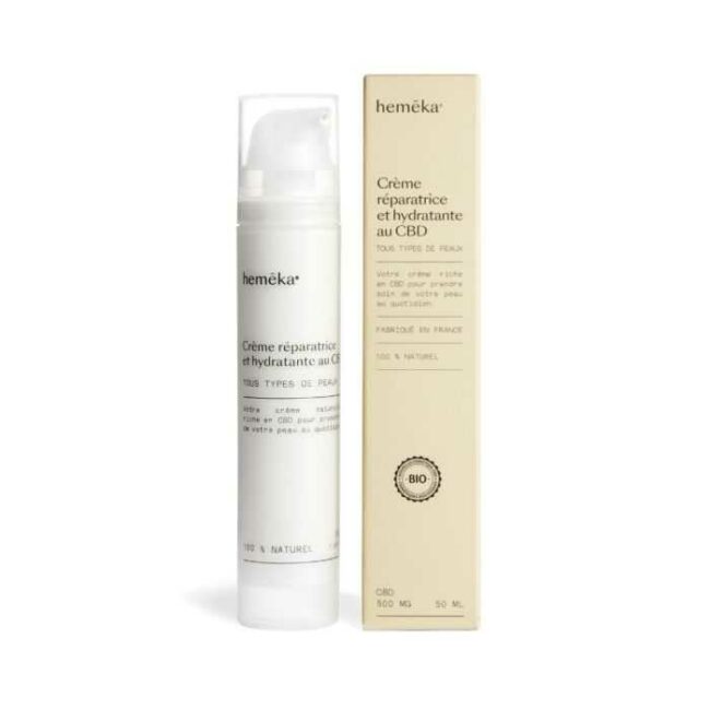 Crème réparatrice et hydratante au CBD 1 % Hemeka, flacon pompe de 50 ml et emballage d'origine – Maison Apash