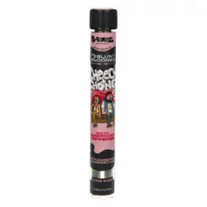 Blunts pré-roulés G-Rollz Cheech & Chong Strawberry Cheesecake par 2, infusés aux terpènes, présentés dans un tube en verre rose.